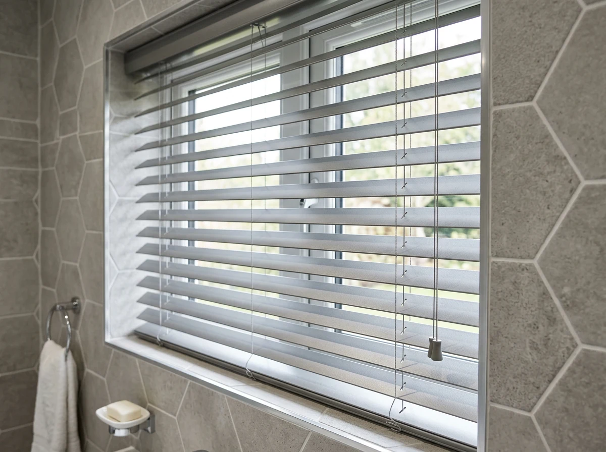 Silver aluminium venetian blind angled open in the tiled bathroom window of a Constantia home