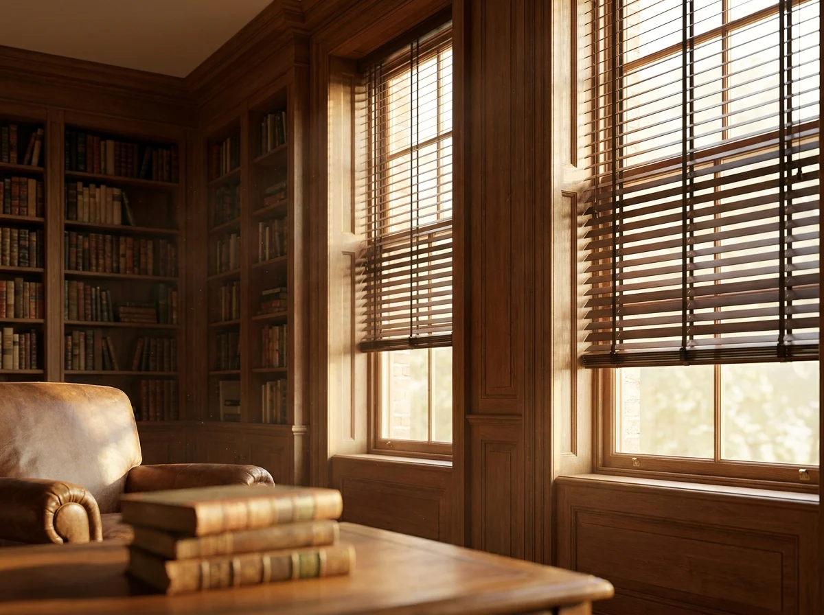 Dark timber venetian blinds on two sash windows in a panelled Constantia study lined with bookshelves