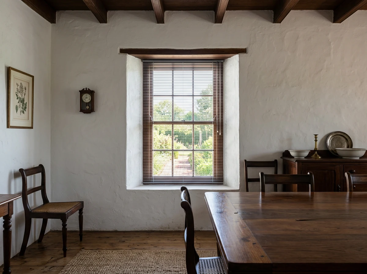 Dark timber venetian blind in the small deep-set window of a whitewashed, beamed Constantia dining room