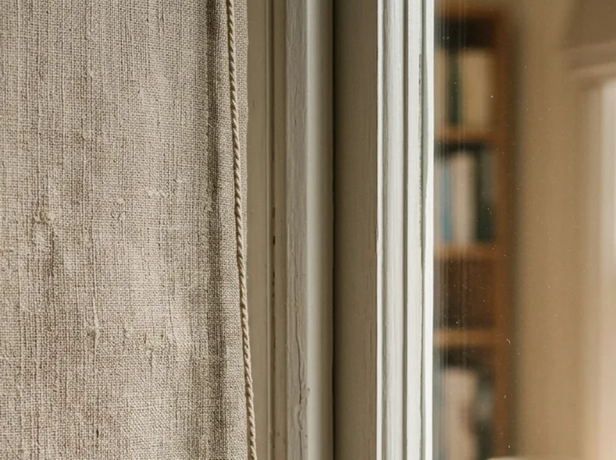 Close-up detail of warm neutral linen roller-blind fabric hanging beside a painted timber window reveal in a renovated Kenilworth Upper character home