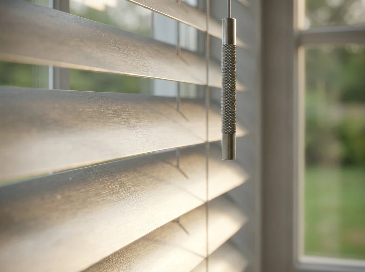 Extreme close-up of tilted aluminium venetian slats and the knurled tilt wand at a Constantia window, garden green blurred behind
