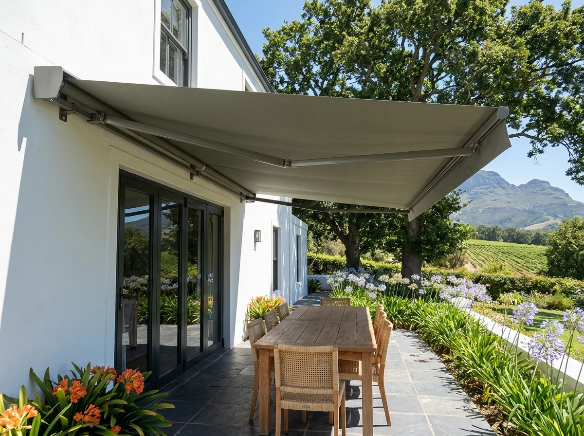 Olive-grey folding-arm awning extended from the wall above stacking doors, shading a slate dining terrace at a Constantia home