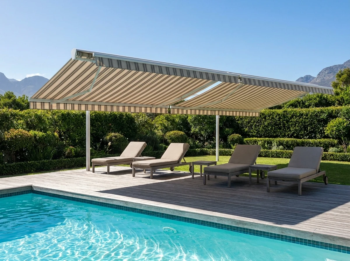Striped folding-arm awning canopy shading loungers on the timber pool deck of a Constantia garden