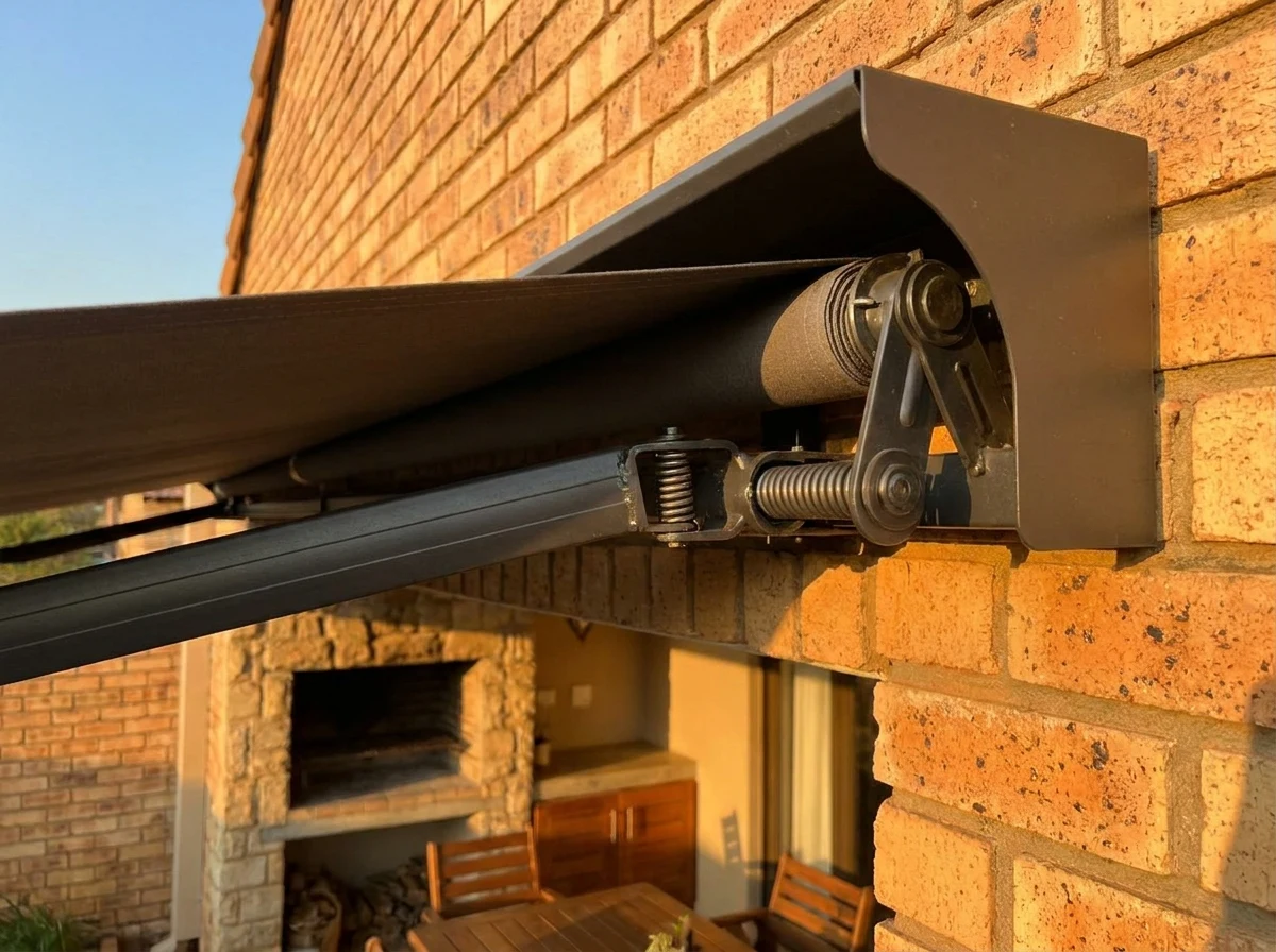 Close-up of a folding-arm awning cassette and folding arm bolted to the face-brick wall above a Constantia braai patio