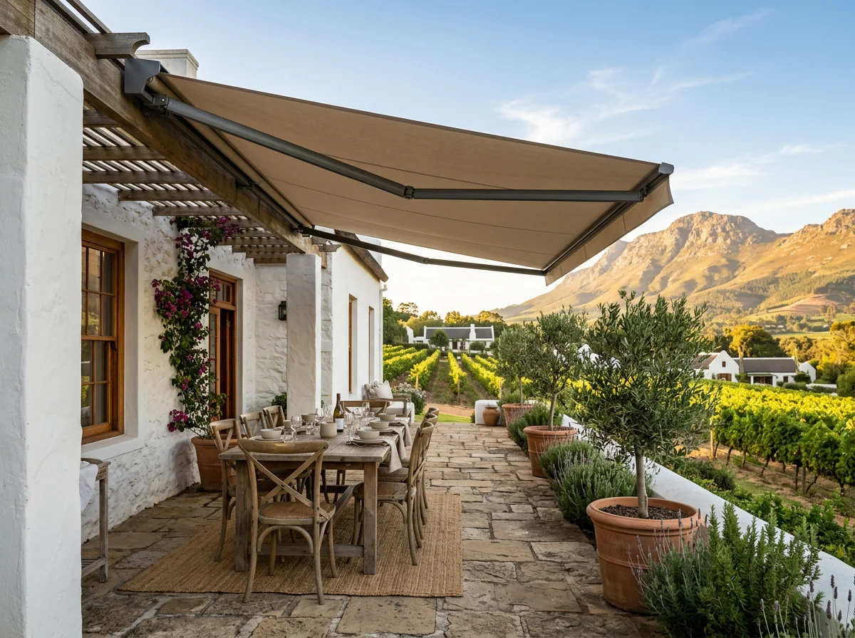 Folding-arm awning wall-mounted above a stone Constantia stoep, canopy extended over an outdoor table with vineyard rows falling away beyond