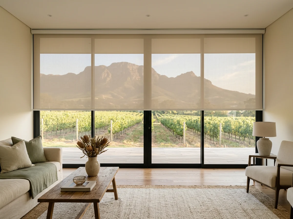 Constantia living room with sunscreen roller blinds lowered across full-height glass, the vineyard rows and mountain slope still readable through the mesh