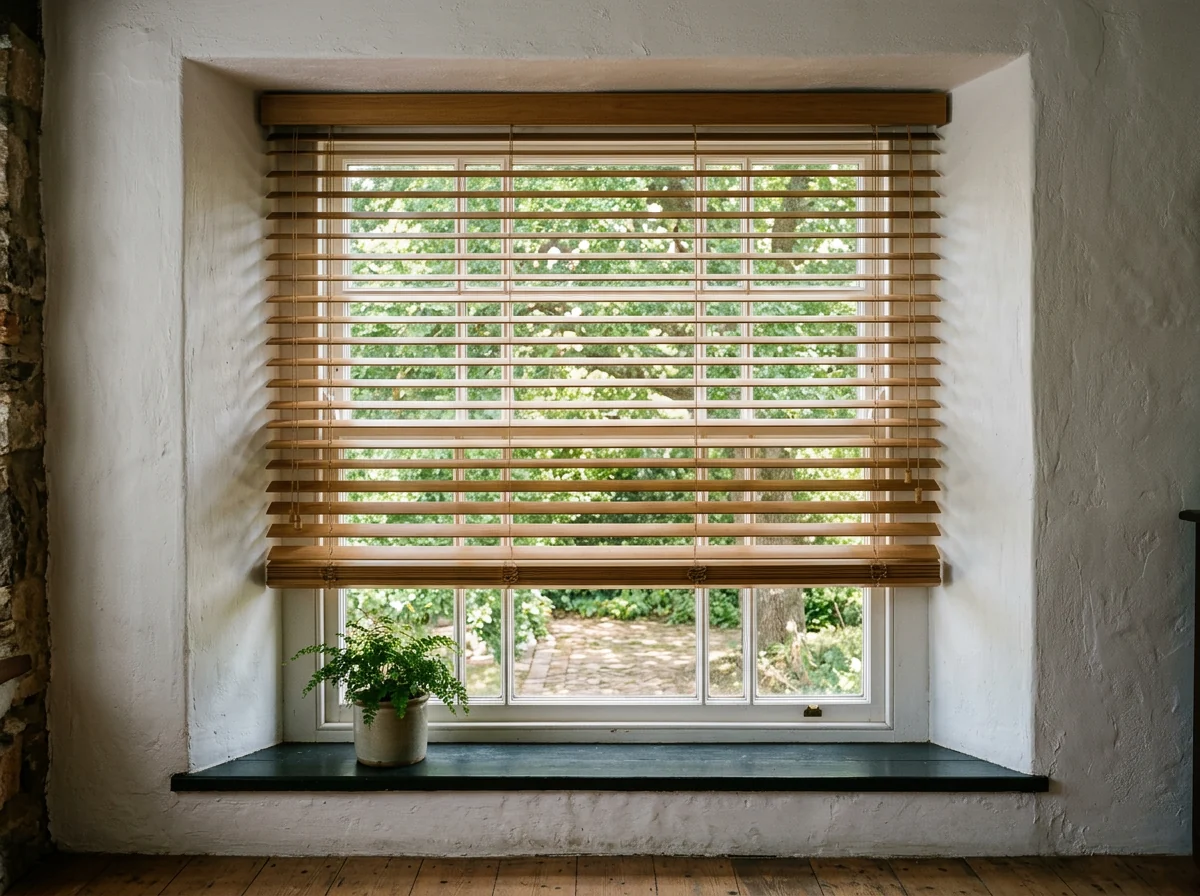 Wide-slat timber venetian blind hung inside a deep whitewashed reveal on a heritage Constantia window, oak shade beyond the glass