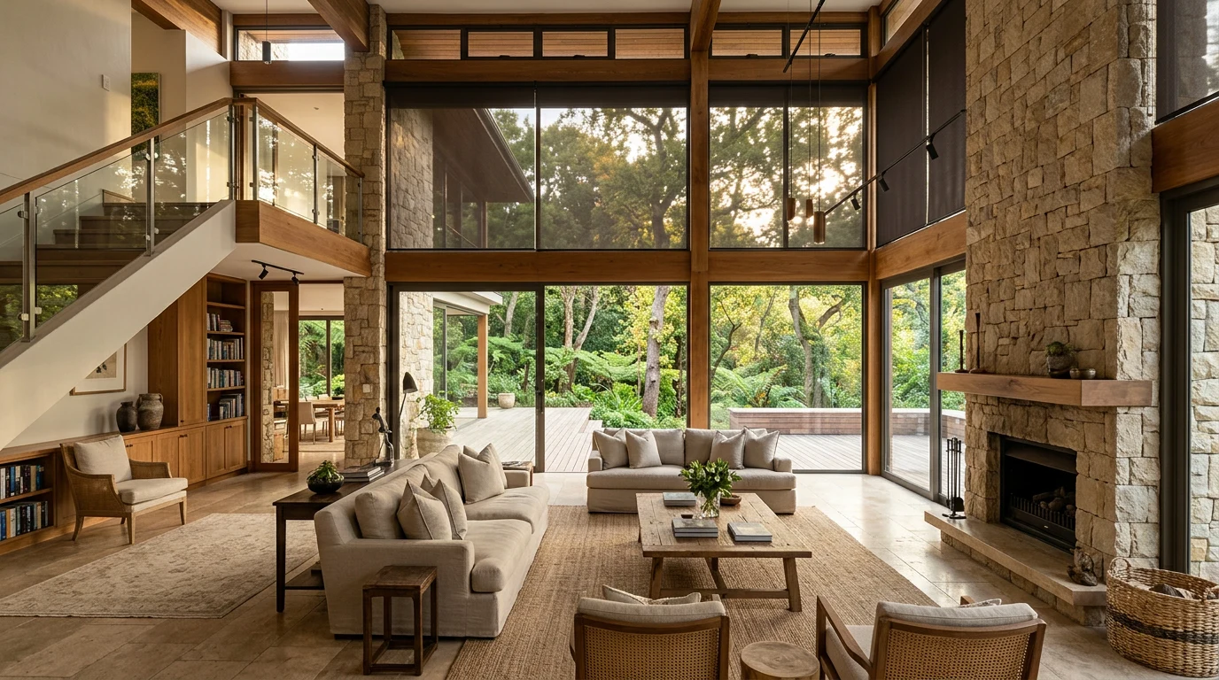Floor-to-ceiling glazing with motorised blinds in a Bishopscourt estate home overlooking a forested garden