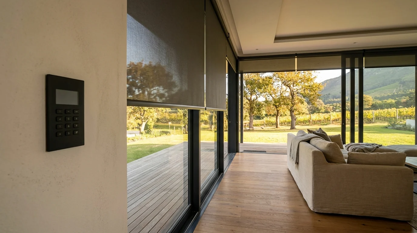 Motorised sunscreen roller lowered across a Constantia home's glass living wall at golden hour, wall-mounted automation keypad in the foreground