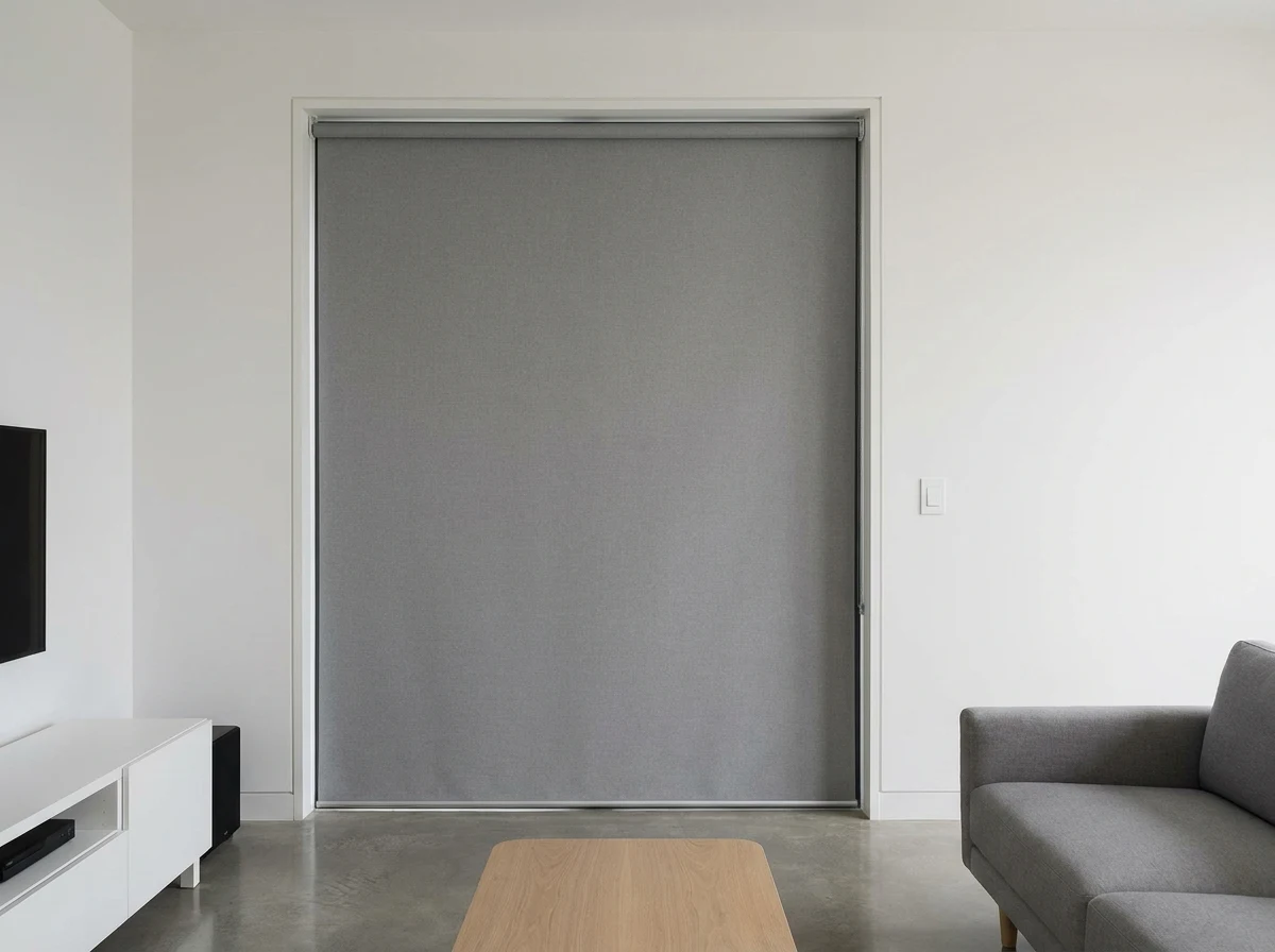 Motorised grey blockout roller filling a tall opening in a Constantia living room, its wall switch on the plaster alongside
