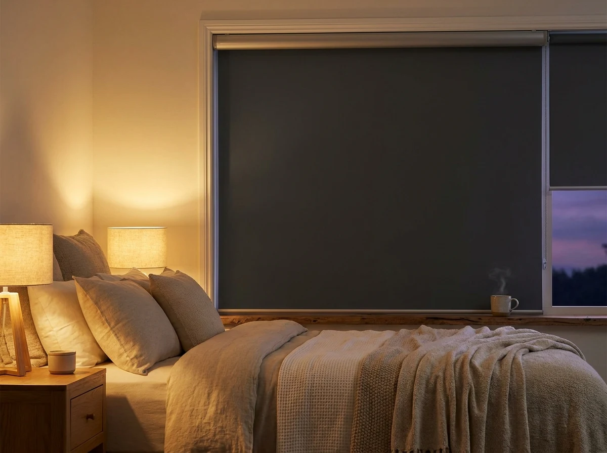 Charcoal blockout roller lowered across a Constantia bedroom window at dusk, bedside lamps lit and a strip of evening sky at the edge