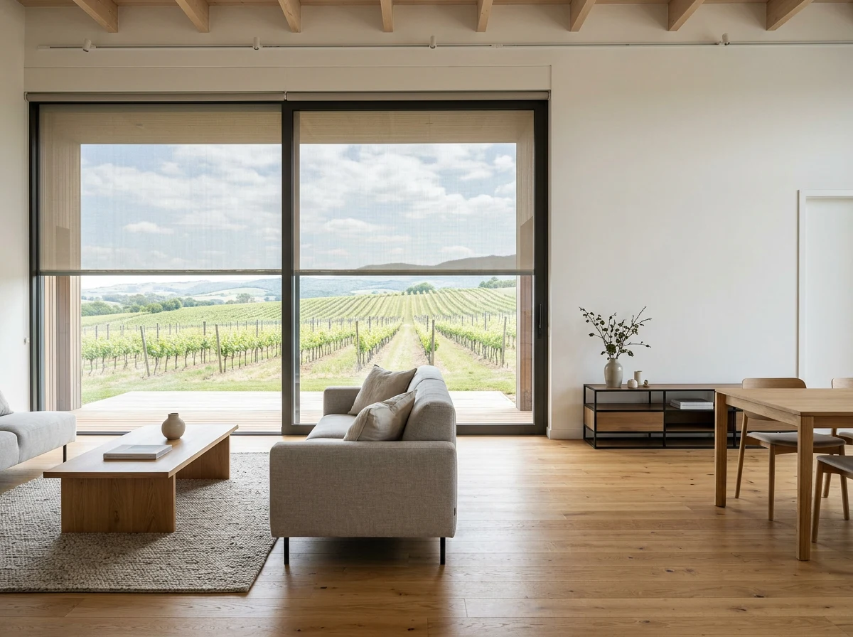 Pale sunscreen roller blinds across the full width of a sliding glass wall in a Constantia living room, vineyard rows beyond the deck