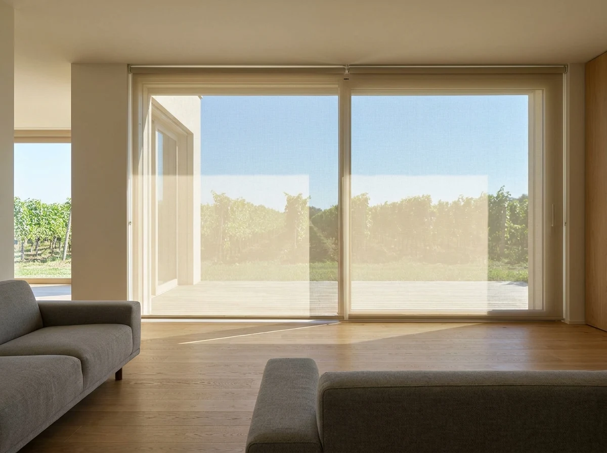 Wide sunscreen roller blind on a sliding glass door in a Constantia living room, vineyard rows visible through the mesh