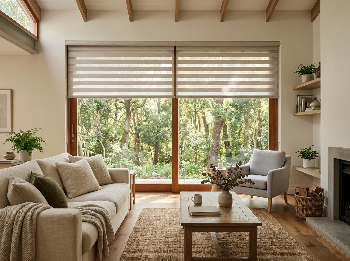 Warm oak-toned living room with a day-night blind in a Tokai forest-edge home, dappled light through trees