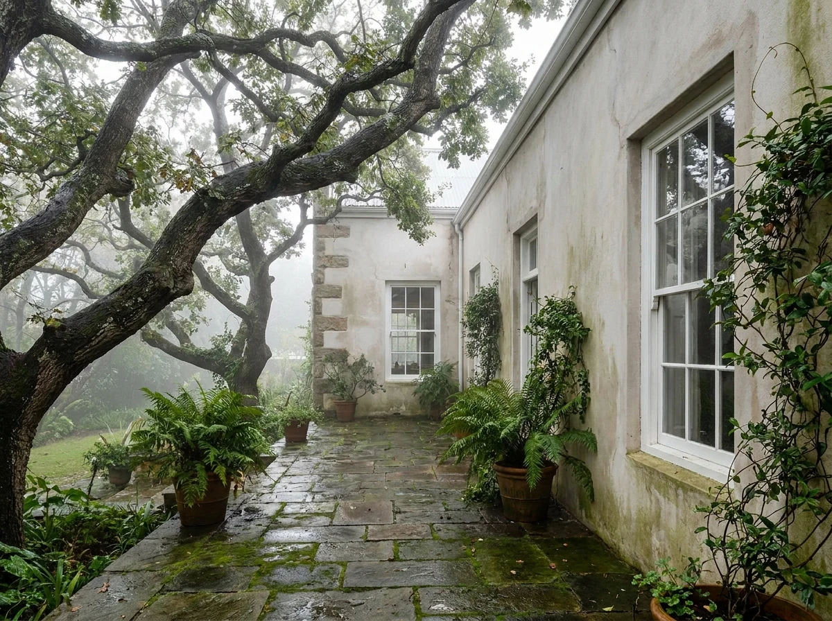 Misty leafy garden patio of a Newlands heritage home under mature oak trees